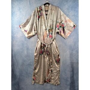 KIM + ONO Silver Peacock Floral Satin Kimono Robe Long UniSize Loungewear Pocket